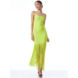 Alice And Olivia Steph Scoop Neck Fringe Dress Citron SZ 0
